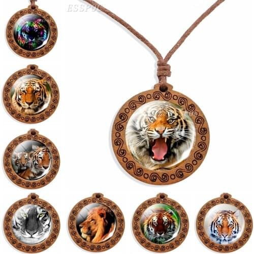 Mighty Animals Necklace Tiger Lion Photo Necklace Adjustable Rope Chain Leopard Pattern Wooden Pendant Tiger Head Jewelry