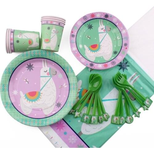 31Pc/Set Alpaca Theme Disposable Tableware Birthday Decoration Baby Shower Plate Cup Napkin Fork Spoon Tablecloth Party Supplies