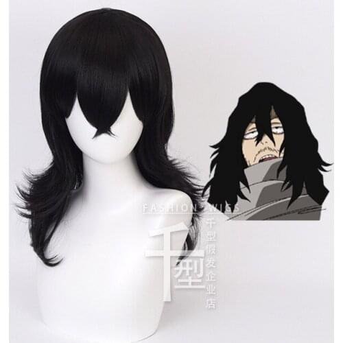 My Hero Academia Akademia Shouta Aizawa 45cm Black Wavy Wig Heat Resistant Cosplay Costume Wig + Track + Cap