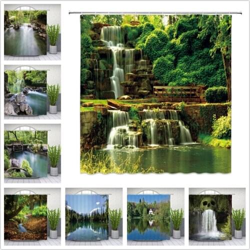 Natural Scenery Shower Curtains Waterfall Spring Green Tree Plant Lake River Landscape Bath Decor Polyester Cloth Curtain Set