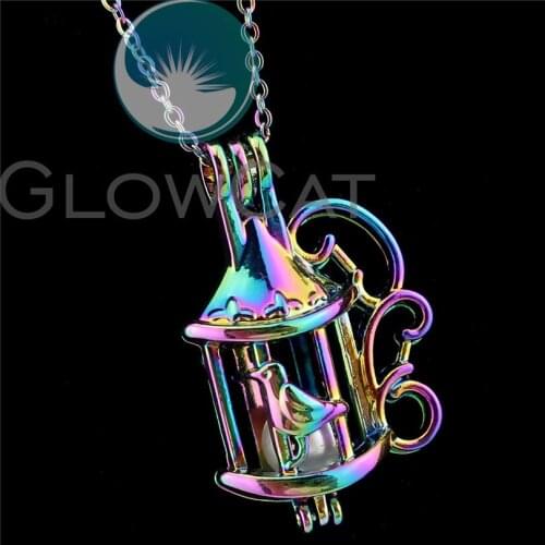R-C687 Rainbow Colors Bird Cage Beads Cage Pendant Perfume Diffuser Aromatherapy Pearl Cage Locket Necklace