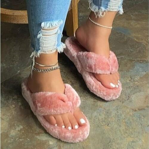 Thick-soled Non-slip Plus Size Plush Slippers Europe Fall/winter New Home Indoor Cotton Sandals Women Plush Flip Flops Shoes
