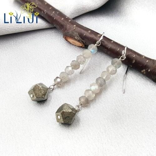 Lii Ji Natural Labradorite Faceted Beads Pyrite 925 Sterling Silver 18K Plated Drop Earrings
