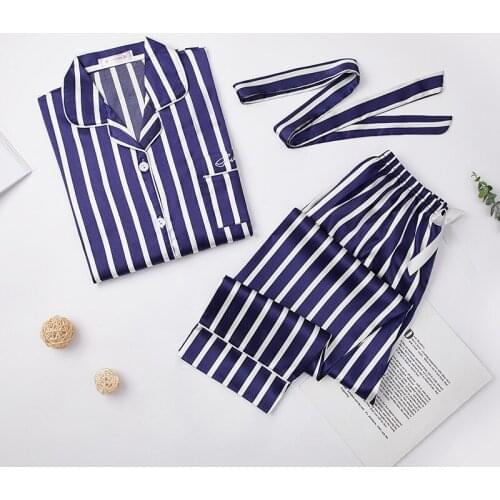 Silk Pajamas Set Women Sexy Belt Stripe Sleepwear Dot Female Pyjamas Long Shirt Pant 2Piece/Set Sweet Lingerie kPaCotAkoWka