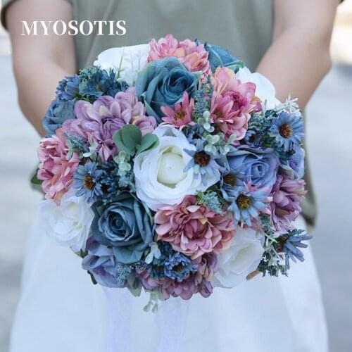 Bridal Wedding Bouquet Bridesmaid Holding Flower Silk Rose Pink/Blue Flower Bouquet for Bride Marriage Wedding Supplies