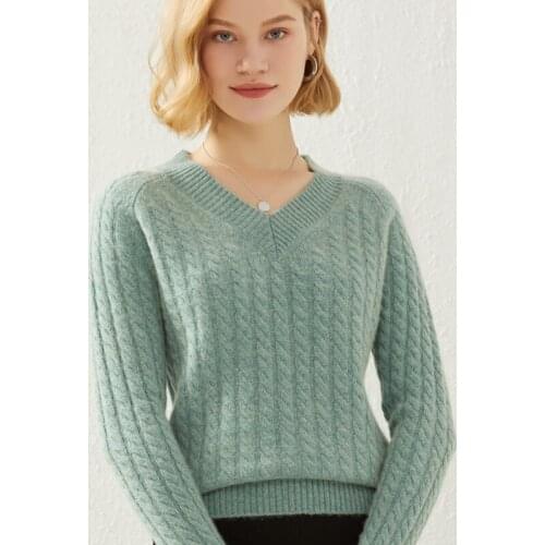 Autumn and winter cashmere sweater womens v-neck short loose thick twist solid color sweater new warm fashion pullover sweater