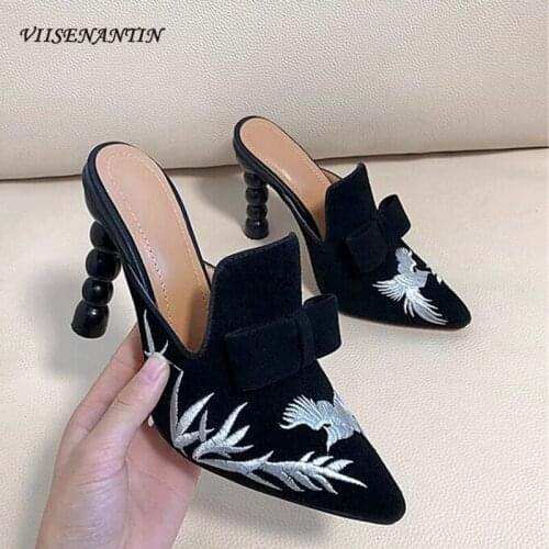 Embroidered bowknot mule shoes women spring and summer leather pointed toe high-heeled embroidered half slippers