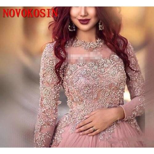 2019 A-Line Long Sleeves Evening Dresses Princess Muslim Gowns With Sequins Beaded Court Train Red Carpet Runway Dress