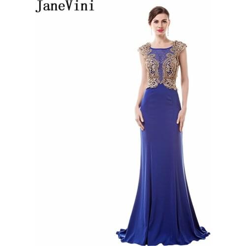 JaneVini 2018 Vintage Royal Blue Long Bridesmaid Dresses Scoop Neck Gold Lace Appliques Beaded Mermaid Satin Arabic Prom Gowns