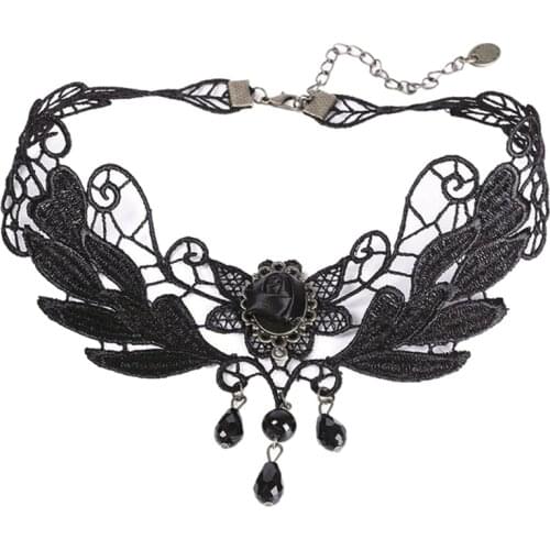1PC Gothic Victorian Crystal Tassel Black Rose Teardrop Bead Pendant Lace Choker Lolita Vintage Collar Necklace