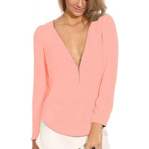 Women Chiffon Blouse Summer Spring Elegant V Neck Zipper Blouse Shirts Loose Casual Tops Blusas Long Sleeve Plus Size