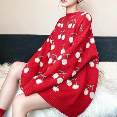 Women Red Sweaters O-neck Pullovers Cherry Sweaters Chirstmas Sweaters Fall Winter Outerwear sweet Girls Lazy Loose Pullovers