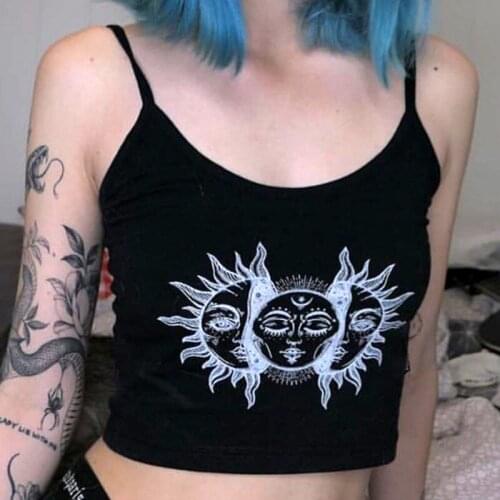 Tarot Sun Print Vest Women Backless Fashion Sling Black Summer Sexy Sleeveless Tanks Top Ladies Girls Cropped Tops Streetwear