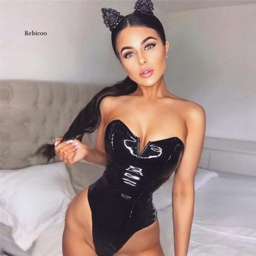 PU Leather Tube Top Bodysuits Women Shining V Neck Strapless Sexy Club Party Night Punk Black Bodies Ladies Clothing