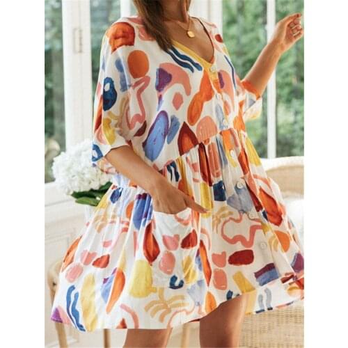 Casual Loose Color Print Dresses for Women 2021 Summer Short V Neck Button Pocket Dress Cotton Vintage Beach Wear Dresses