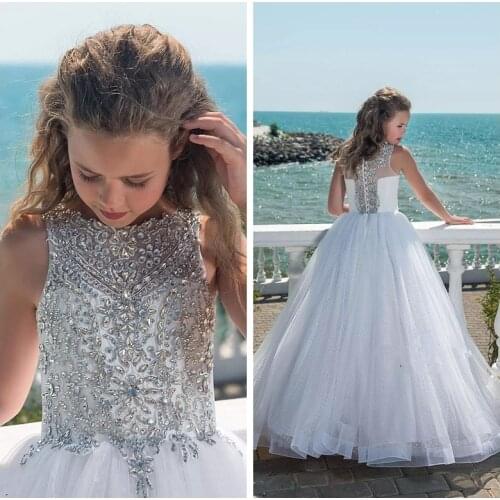 2019 O-Neck Tulle Long Beaded Crystal Bling Bling Formal Girls Pageant Gowns Flower Girls Dresses Sleeveless Cheap