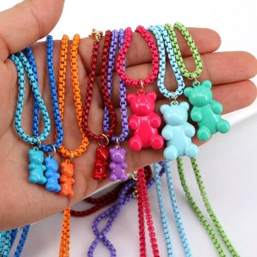 5PCS, Neon Enamel Animal Bear Pendants Bead / Box Chain Necklace Collares Mujer Jewelry in 2 Size