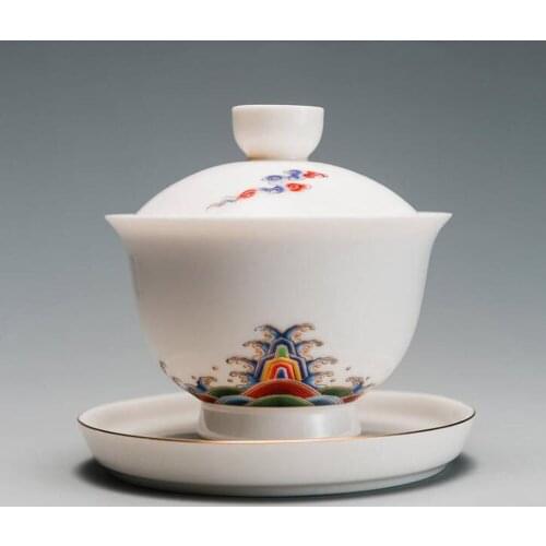 100ml White Porcelain Gaiwan Painted Colorful Tea Bowl with Lid Saucer Kit Tea Ceremony Drinkware Teaware Tea Maker Decor Crafts