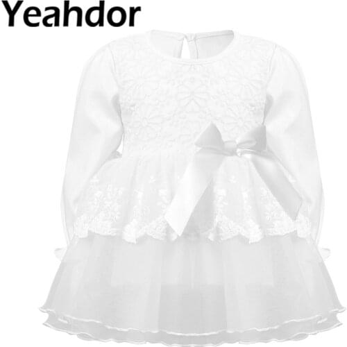 Infant Baby Girls Newborn White Dress Round Neck Long Sleeve Keyhole Back Christening Sheer Lace Flower Girls Princess Dresses