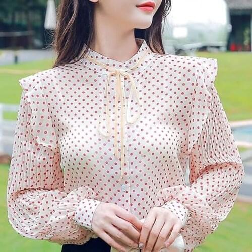 Blouse Women Blusas Mujer De Moda 2021 Long Sleeve Dot Chiffon Blouse Shirt Women Blouses Shirts Stand Collar Blouse Blusa D508