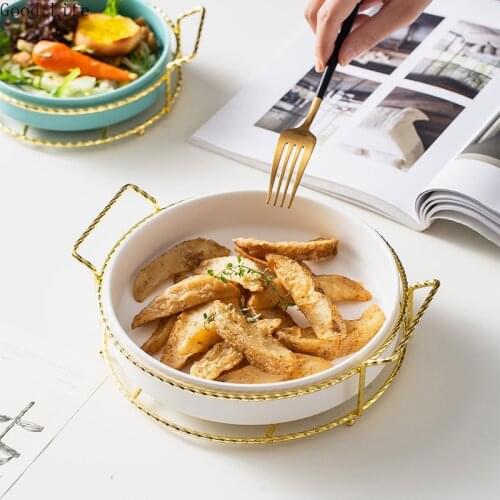 Household Ceramic Plate With Iron Rack Hotel Restaurant 8 Inch Dessert Soup Plate Tableware