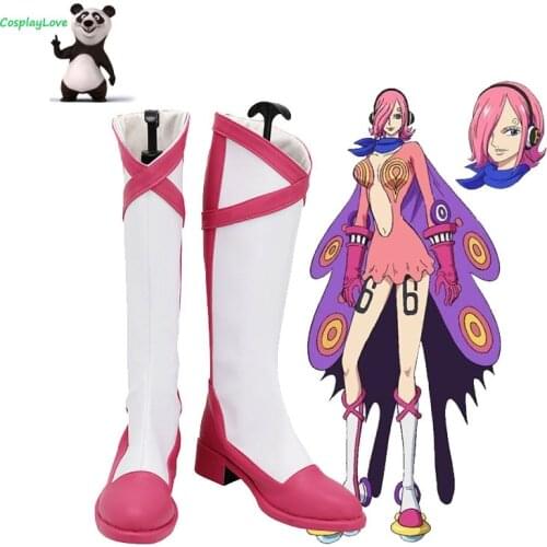 One Piece Germa 66 Vinsmoke Reiju White Pink Shoes Cosplay Long Boots Leather Custom Made For Party Christmas Halloween