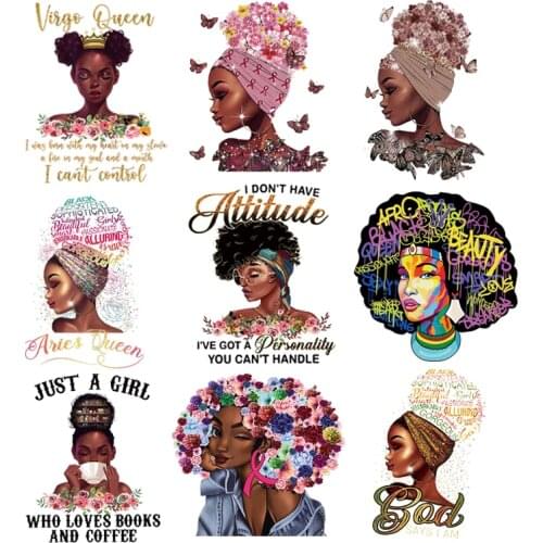 Black Woman Queen Patch Sticker For Clothes Thermal Transfer Diy Hot Tear Custom Patch African Girl Parch Iron On T-Shirt Jeans