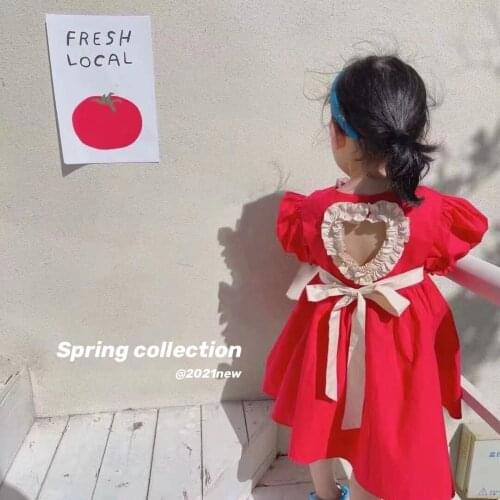Children Clothing Spring 2021 New Girls Mid-length Dress Love Hollow Korean Baby Western Style