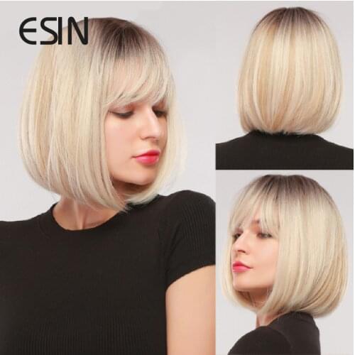 ESIN Root Brown Ombre to Blonde Medium Long Straight Bobo Wig with Bangs Cosplay Wigs for Women Heat Resistant Synthetic Hair
