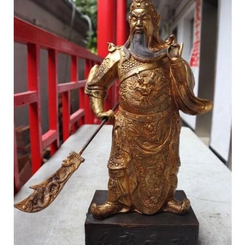 Chinese Bronze Copper Dragon Guan Yu Guan Gong Warrior Mars Hold a Knife Statue