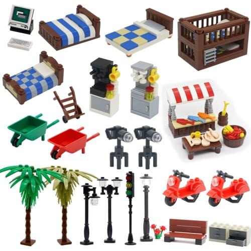 Creator City Foods Shop Bed Coffee Machine Bicycle Cart Tree Lamp Computer Building Blocks Element House Parts MOC Bricks Toy