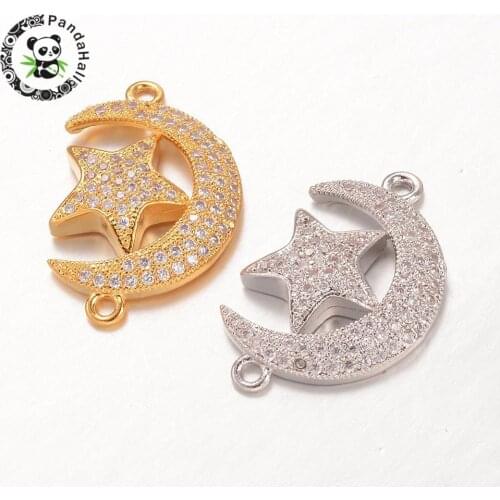 Brass Micro Pave Cubic Zirconia Links, 1/1Loop, Moon and Star, Mixed Color, 25x16x4mm, Hole: 1.5mm