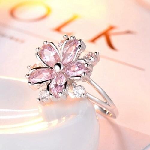 Cute Romantic Pink Flower Women Wedding Rings with Silver Color Crystal Promise Engagement Ring for Women Party Jewelry Gift