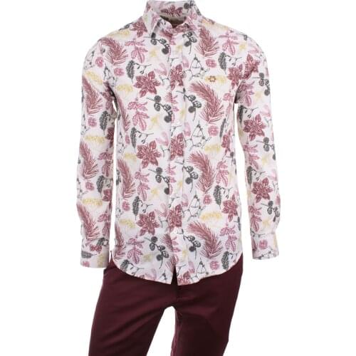 Gentilbay Mens Fruit Flower Digital Printed Burgundy Slimfit Long-Sleeve Sport Shirt DPD115