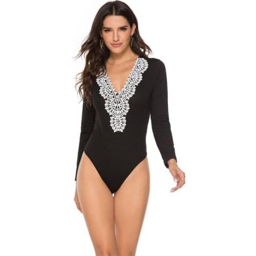 Neatie kiddie Lace Contrast V-neck Sexy Bodysuit Black Long Sleeve Slim Fashion OL Romper Jumpsuit for Women