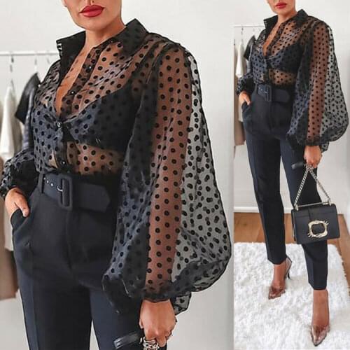 New Women Mesh Sheer Blouse See-through Lantern Long Sleeve Blouse Fashion Pearl Button Transparent White Shirt Female Blusas