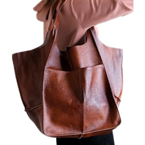 Casual Soft Large Capacity Tote Women Handbags Designer Aged Metal Look Luxury Pu Leather Shoulder Bag Retro Big Shopper Purses