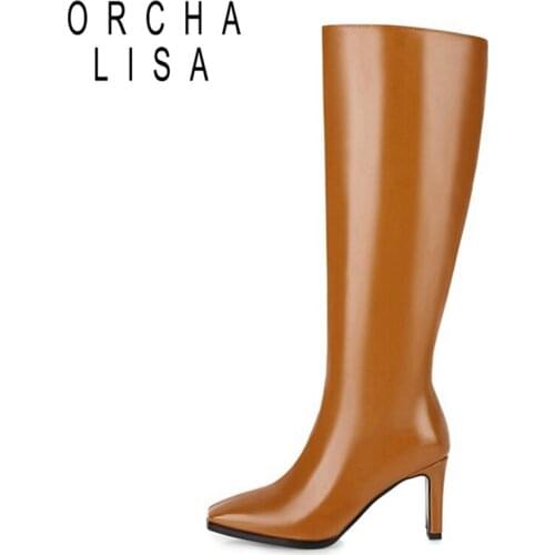 ORCHALISA Autumn Winter Knee-high boots Square toe 8cm small heel Zipper Solid Big size 34-48 White Black Yellow Red Work C2055