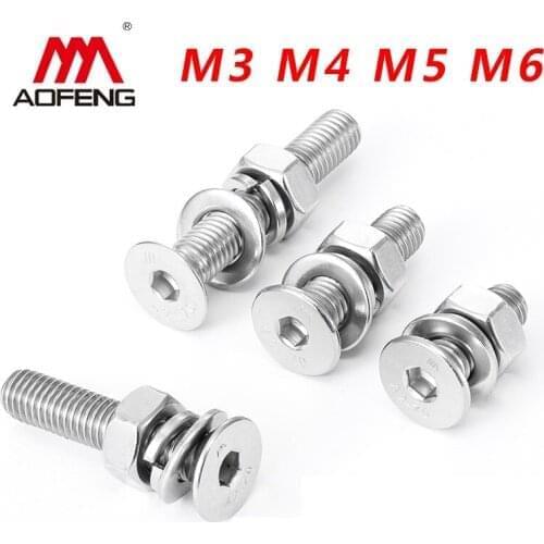 Hexagon Socket Countersunk Head Bolt Nut Washers Set M3 M4 M5 M6 Bolt Set 8 10 12 16 20 25 30 40mm 304 Stainless Steel Screw