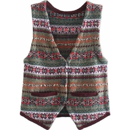 Nice Vintage Woman National Style Printed Vest New Vogue Ladies Autumn V Neck Sleeveless Knitwear Female Colorful Tops