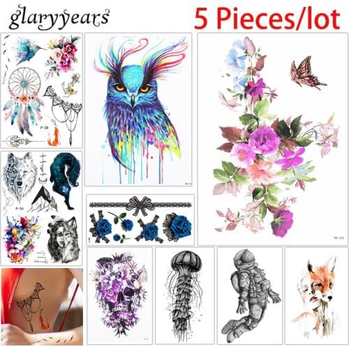 5 Piece/lot Body Art Tattoo Sticker Dreamcatcher Cartoon Owl Picture Design Beauty Women Temporary Tattoo Sticker Water Transfer