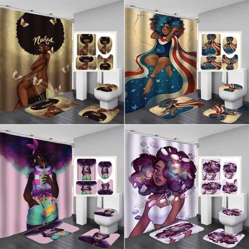 Afro Sexy Lovely Black Girl Bathroom Shower Curtain African American Women Non-Slip Rugs Toilet Lid Cover Mat and Bath Curtains