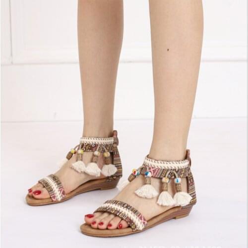 European American Women Summer Bohemian Wedge Sandals Womens Ethnic Fairy Style Open Toe Pendant Beads Travel Roman Sandals