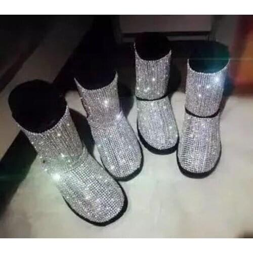 Bling bling rhinestone snow boots woman whole rhinestones woman flat winter boots glitter pink back crystal snow boots