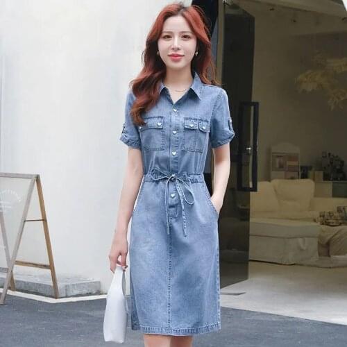 Summer Denim Dress Women Korean Style Short Sleeve Turn-down Collar Button Slim Fit A Line Knee-length Dress Vestido Feminino