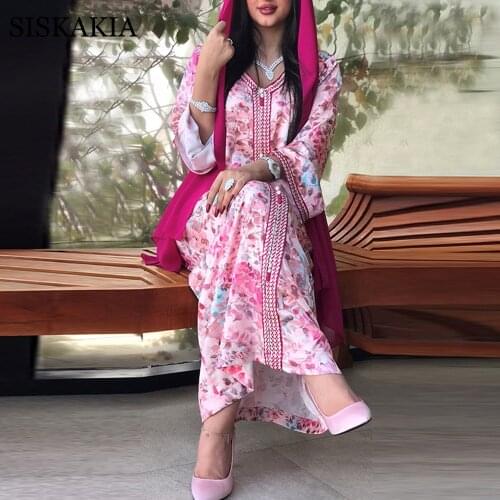 Siskakia Pink Floral Maxi Dress for Women Ethnic Ribbon V Neck Dubai Turkey Arabic Oman Moroccan Caftan Muslim Clothes 2021 New