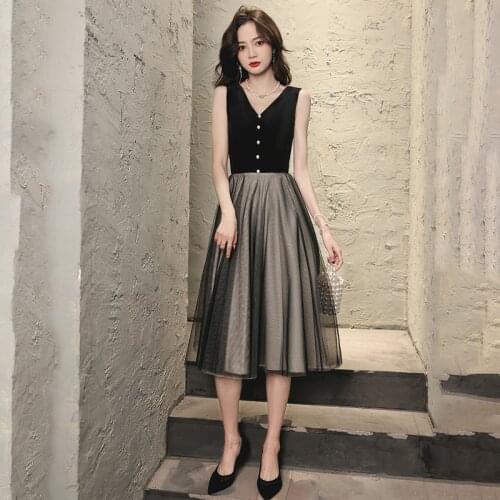 Evening Dress Button V-Neck Black Simple Elegant A-Line Sleeveless Empire Tea-Length Zipper Back Woman Formal Party Gowns A1438