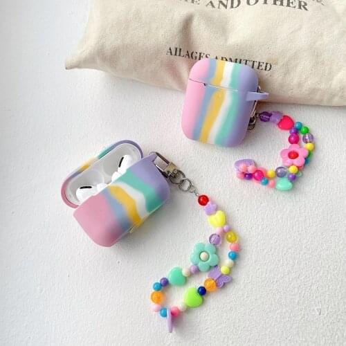 Rainbow Color Earphone Case Silicone Headset Protective Cover with Colorful Flower Bracelets Lanyard For Airpods Pro 1 2