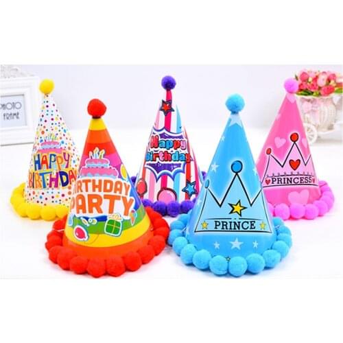 Baby Birthday Caps Kid Rainbow Birthday Party Hat Child Crown Decoration Pompon Paper Cap Cartoon Pattern Birthday Hat