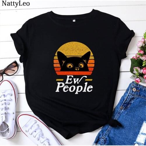 S-5XL Plus Size Shirt Women Graphic T Shirts Cute Cat Print T-Shirt 100%Cotton O Neck Short Sleeve Tee Fashion Tshirt Black